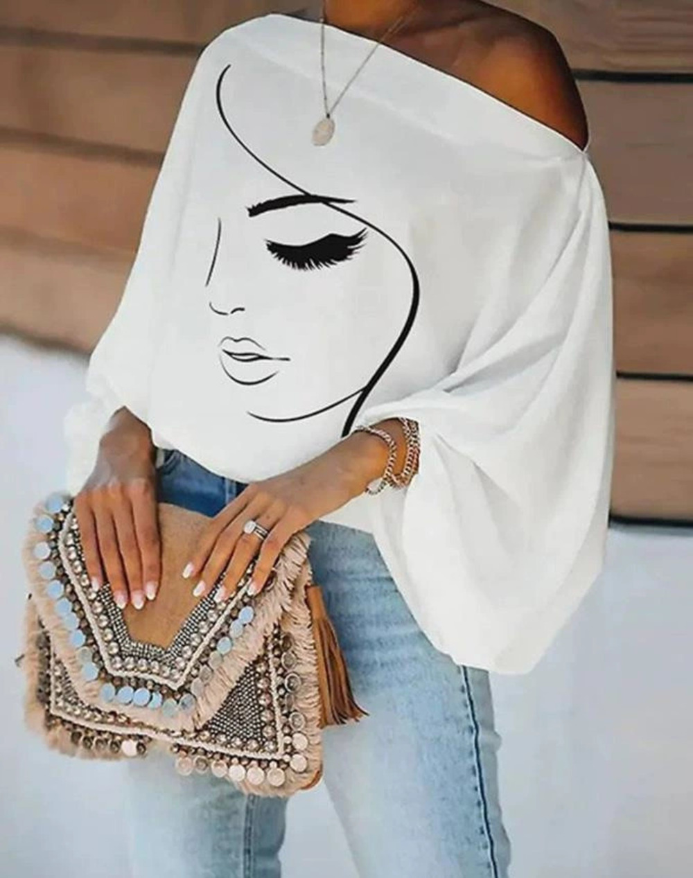ZARA Casual Print Off Shoulder Long Sleeve Batwing Top